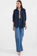 20153 Tek Cepli Oversize Keten Gömlek - Lacivert resmi